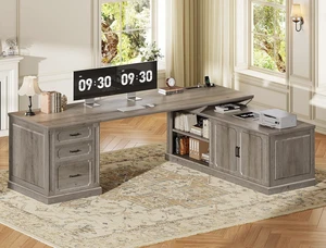 Farmhouse L Shaped Desk with Drawers, 70.9" Home Office Desk with Storage Cabinet and Storage Shelves, L Shaped Computer Desk with Power Outlet,Grey Farmhouse L Shaped Desk with Drawers, 70.9" Home Office Desk with Storage Cabinet and Storage Shelves, L Shaped Computer Desk with Power Outlet,Grey