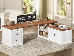 Farmhouse L Shaped Desk with Drawers, 70.9" Home Office Desk with Storage Cabinet and Storage Shelves, L Shaped Computer Desk with Power Outlet, White+Brown Farmhouse L Shaped Desk with Drawers, 70.9" Home Office Desk with Storage Cabinet and Storage Shelves, L Shaped Computer Desk with Power Outlet, White+Brown