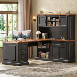 67" Farmhouse Executive L Shaped Desk with Hutch & Storage, Office Desks with 4 Drawers & Storage Cabinet,Executive Desk with Cabinet Doors,File Drawer,Power Outlet, Black+Brown 67" Farmhouse Executive L Shaped Desk with Hutch & Storage, Office Desks with 4 Drawers & Storage Cabinet,Executive Desk with Cabinet Doors,File Drawer,Power Outlet, Black+Brown