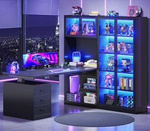 63 L Shaped Electric Standing Gaming Desk with Glass Display Cabinet, LED Lights and Storage Drawers, Height Adjustable Desk with Storage Shelves, Power Outlet for Home Office, Corner, Black 63 L Shaped Electric Standing Gaming Desk with Glass Display Cabinet, LED Lights and Storage Drawers, Height Adjustable Desk with Storage Shelves, Power Outlet for Home Office, Corner, Black