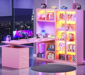 63 L Shaped Electric Standing Gaming Desk with Glass Display Cabinet, LED Lights and Storage Drawers, Height Adjustable Desk with Storage Shelves, Power Outlet for Home Office, Corner, Pink 63 L Shaped Electric Standing Gaming Desk with Glass Display Cabinet, LED Lights and Storage Drawers, Height Adjustable Desk with Storage Shelves, Power Outlet for Home Office, Corner, Pink