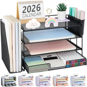 Desk Organizer, 4-Tier Desktop File Organizer with Drawer and Pen Holders, Office Desk Accessories, File Sorters, Workspace Organizers for Office Supplies(Black) Desk Organizer, 4-Tier Desktop File Organizer with Drawer and Pen Holders, Office Desk Accessories, File Sorters, Workspace Organizers for Office Supplies(Black)