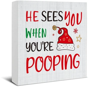 Christmas Bathroom Decorations, Funny Christmas Wood Sign Decor 5x5 Inches | Funny Christmas Bathroom Decor, He Sees You When You're Pooping Wooden Sign, Home Decor for Desk Table Shelf Christmas Bathroom Decorations, Funny Christmas Wood Sign Decor 5x5 Inches | Funny Christmas Bathroom Decor, He Sees You When You're Pooping Wooden Sign, Home Decor for Desk Table Shelf