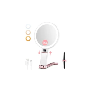 Travel Makeup Mirror with Lights, Height Adjustable 30X/1X Double-Sided Magnifying Mirror, Portable Vanity Mirror with Digital Display & Phone Holder, Handheld Tabletop Hanging, Rose Gold Travel Makeup Mirror with Lights, Height Adjustable 30X/1X Double-Sided Magnifying Mirror, Portable Vanity Mirror with Digital Display & Phone Holder, Handheld Tabletop Hanging, Rose Gold