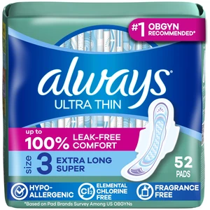 Ultra Thin Feminine Pads with Wings for Women, Size 3, Extra Long Super Absorbency, Unscented, Up to 100% Leak-Free Protection, 52 Count Ultra Thin Feminine Pads with Wings for Women, Size 3, Extra Long Super Absorbency, Unscented, Up to 100% Leak-Free Protection, 52 Count