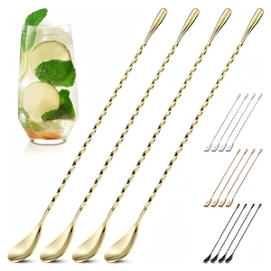 Gold Bar Spoon Set of 4, 12 Inch, Stainless Steel, Spiral-Pattern Stem | Gold Coffee Spoons; Rust-Resistant, Dishwasher Safe; for Cocktails, Smoothies, Iced Coffee, and Floats; Sugar Spoon Gold Bar Spoon Set of 4, 12 Inch, Stainless Steel, Spiral-Pattern Stem | Gold Coffee Spoons; Rust-Resistant, Dishwasher Safe; for Cocktails, Smoothies, Iced Coffee, and Floats; Sugar Spoon