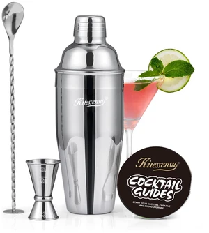 Cocktail Shaker, KITESSENSU 24oz Drink Shaker with Bartender Strainer, Measuring Jigger, Bar Mixing Spoon, Cocktail Recipe Guide, Professional Drink Mixer Set for Beginners, Silver Cocktail Shaker, KITESSENSU 24oz Drink Shaker with Bartender Strainer, Measuring Jigger, Bar Mixing Spoon, Cocktail Recipe Guide, Professional Drink Mixer Set for Beginners, Silver