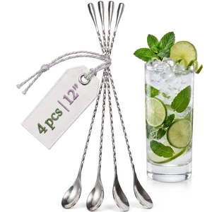 Bar Stirring Spoon 4 Pcs, 12 Inch Long Stainless Steel Bar Spoons | Cocktail Stirrers with Polished Surface, Easy to Clean - Mixing Spoons for Drinks - Professional Bartending and Party Nights Bar Stirring Spoon 4 Pcs, 12 Inch Long Stainless Steel Bar Spoons | Cocktail Stirrers with Polished Surface, Easy to Clean - Mixing Spoons for Drinks - Professional Bartending and Party Nights