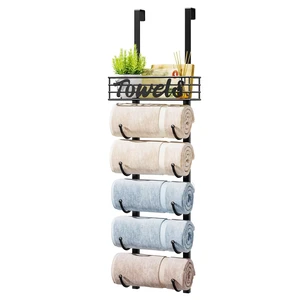 Towel Racks for Bathroom Storage - 6 Tier Over The Door & Wall Mount Rolled Towel Storage Organizer Holder with Metal Shelf Basket for Small Bathroom, Camper, Rv - Black, Patented Towel Racks for Bathroom Storage - 6 Tier Over The Door & Wall Mount Rolled Towel Storage Organizer Holder with Metal Shelf Basket for Small Bathroom, Camper, Rv - Black, Patented