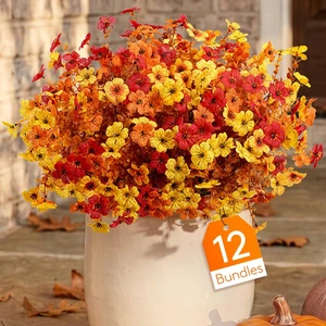 Fall Artificial Flowers for Outdoor, Faux Flowers for Garden Decor | 12 Bundles Plastic Fake flowers with Eucalyptus Leaves for Autumn Decor, Porch, Yard, Window Box(Sunset Orange) Fall Artificial Flowers for Outdoor, Faux Flowers for Garden Decor | 12 Bundles Plastic Fake flowers with Eucalyptus Leaves for Autumn Decor, Porch, Yard, Window Box(Sunset Orange)