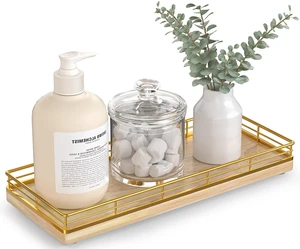 Bathroom Tray for Counter Top Organizer, Oak Wood Vanity Tray | Metal Frame for Dresser, Kitchen & Nightstand, Gold & Oak Decorative Storage Bathroom Tray for Counter Top Organizer, Oak Wood Vanity Tray | Metal Frame for Dresser, Kitchen & Nightstand, Gold & Oak Decorative Storage