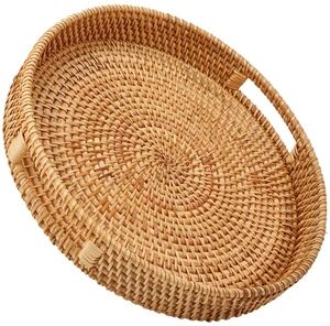 Round Rattan Serving Tray with Handles, Hand Woven Basket, Home Decor Organizer Tray for Breakfast, Tea, Snack, Fruit, Coffee,Storage (Medium)(11.9inchX1.7inch) Round Rattan Serving Tray with Handles, Hand Woven Basket, Home Decor Organizer Tray for Breakfast, Tea, Snack, Fruit, Coffee,Storage (Medium)(11.9inchX1.7inch)