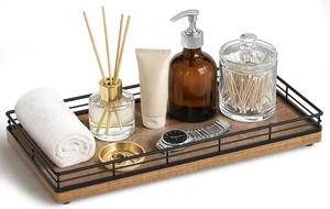 Bathroom Vanity Tray for Countertop, 12" x 6" Acacia Wood Toilet Tank Tray | Metal Guardrail, Bathroom Organizer for Soap, Perfume & Skincare, Non-Slip Decorative Tray for Dresser, Black & Acacia Bathroom Vanity Tray for Countertop, 12" x 6" Acacia Wood Toilet Tank Tray | Metal Guardrail, Bathroom Organizer for Soap, Perfume & Skincare, Non-Slip Decorative Tray for Dresser, Black & Acacia