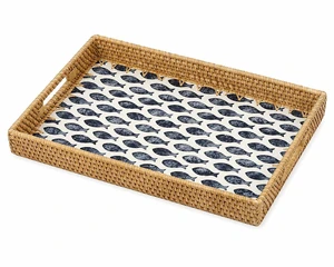 Rectangular Rattan Serving Tray with Mother of Pearl Inlay, Black Fish | 14.2 x 10.3 x 1.6 Inch Tray, Coffee and Tea Service, Bread and Fruit Display, Decorative Wicker Tray, Built-In Handle Rectangular Rattan Serving Tray with Mother of Pearl Inlay, Black Fish | 14.2 x 10.3 x 1.6 Inch Tray, Coffee and Tea Service, Bread and Fruit Display, Decorative Wicker Tray, Built-In Handle