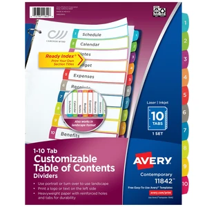 Table of Contents Dividers, 1-10 Tab, Multicolor, 1 Set | For Organizing Reports and Projects, Printable Table of Contents, Reinforced Paper Dividers, Fits 3-Ring Binders Table of Contents Dividers, 1-10 Tab, Multicolor, 1 Set | For Organizing Reports and Projects, Printable Table of Contents, Reinforced Paper Dividers, Fits 3-Ring Binders