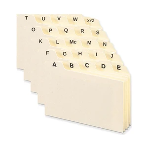 Manila Card File Guides, Index Card Dividers, 4x6 A-Z Tabs 25 Set | Alphabetical index card dividers 4x6 sort a 4 x 6 card file A to Z on five assorted tab positions, 18 point manila. Manila Card File Guides, Index Card Dividers, 4x6 A-Z Tabs 25 Set | Alphabetical index card dividers 4x6 sort a 4 x 6 card file A to Z on five assorted tab positions, 18 point manila.