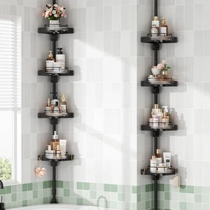 shuang qing 360° Rotating Corner Shower Caddy Tension Pole Organizer, Black | 4-Tier rotating shelves with hooks, adjustable tray height, upgraded rustproof metal pole shuang qing 360° Rotating Corner Shower Caddy Tension Pole Organizer, Black | 4-Tier rotating shelves with hooks, adjustable tray height, upgraded rustproof metal pole