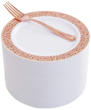 WDF 200 Pieces Rose Gold Dessert Plates with Forks, 100Pcs Lace Design Cake Small Rose Gold Appetizer Plates 7.5" and 100 Pcs Forks 7.4" for Wedding/Party WDF 200 Pieces Rose Gold Dessert Plates with Forks, 100Pcs Lace Design Cake Small Rose Gold Appetizer Plates 7.5" and 100 Pcs Forks 7.4" for Wedding/Party