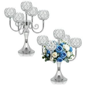 5 Arm Metal Crystal Candelabra Centerpiece - 13.4 Inch Elegant Candle Holder with Crystal Beads for Wedding Party Christmas Home Dining Table Decoration (2, Silver) 5 Arm Metal Crystal Candelabra Centerpiece - 13.4 Inch Elegant Candle Holder with Crystal Beads for Wedding Party Christmas Home Dining Table Decoration (2, Silver)