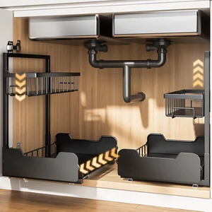 Under Sink Organizer, 2-Tier L-Shaped Pull Out Cabinet Shelf with 2 Installation Methods, Adjustable Sliding Storage Drawer for Kitchen, Bathroom, Laundry, Metal, Black, 2-Pack Under Sink Organizer, 2-Tier L-Shaped Pull Out Cabinet Shelf with 2 Installation Methods, Adjustable Sliding Storage Drawer for Kitchen, Bathroom, Laundry, Metal, Black, 2-Pack