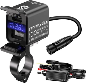 Motorcycle Battery Charger, Motorcycle USB Charger 100W Fast Two-Way Charging Dual PD Type C & QC 3.0 Motorcycle Charger with Voltmeter Waterproof Emergency Countermeasures for Weak Batteries Motorcycle Battery Charger, Motorcycle USB Charger 100W Fast Two-Way Charging Dual PD Type C & QC 3.0 Motorcycle Charger with Voltmeter Waterproof Emergency Countermeasures for Weak Batteries