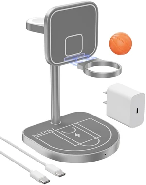 3-Point Power 3 in 1 Charging Station for Apple, KU XIU X85 Aluminum Alloy Magnetic Wireless Charger Stand with Mini Basketball & Hoop for iPhone 17/16/15/14/13/12, 5W for Apple Watch, AirPods, Gray 3-Point Power 3 in 1 Charging Station for Apple, KU XIU X85 Aluminum Alloy Magnetic Wireless Charger Stand with Mini Basketball & Hoop for iPhone 17/16/15/14/13/12, 5W for Apple Watch, AirPods, Gray