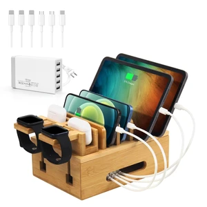 Bamboo Charging Station for Multiple Devices, Multi-Port USB Charger Organizer Stand for Phone, Earphone, Smart Watch, Desktop Cord Storage Holder for Home Office Bamboo Charging Station for Multiple Devices, Multi-Port USB Charger Organizer Stand for Phone, Earphone, Smart Watch, Desktop Cord Storage Holder for Home Office