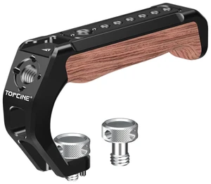 Camera Cage Tophandle Wooden Handgrip with Arri Pin 3/8" &1/4" Cold Shoe | Can install to both 1/4" 3/8" Holes with Arri Pin, Cold Shoe on Top, Multiple 1/4" holes ,Tool-less mount, AntiTwist Design