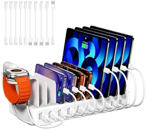 100W Charging Station for Multiple Devices, 10-Port USB Charging Dock Organizer with 10 Cables & Watch Stand, Adjustable Dividers Multi Charger Compatible with iPad/Tablet/iPhone/Android, White 100W Charging Station for Multiple Devices, 10-Port USB Charging Dock Organizer with 10 Cables & Watch Stand, Adjustable Dividers Multi Charger Compatible with iPad/Tablet/iPhone/Android, White