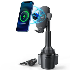 APPS2Car 15W Qi Fast Wireless Car Charger Solid Cup Holder Phone Mount | Quick Extension Adjustable Long Arm & 360° Rotation, Fits 3"4" Round Cup Holders, Works with Cases  4 mm