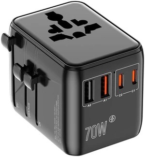 GaN 70W International Travel Adapter 6-in-1 for US/JP, EU, UK, AU | 2 USB-C (PD 70W), 2 USB-A, Extra US AC Outlet, Fast Charging Worldwide Plug, Universal Power Hub, 2 Anti Theft Zipper Clips GaN 70W International Travel Adapter 6-in-1 for US/JP, EU, UK, AU | 2 USB-C (PD 70W), 2 USB-A, Extra US AC Outlet, Fast Charging Worldwide Plug, Universal Power Hub, 2 Anti Theft Zipper Clips