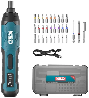 XSD Electric Screwdriver, 4V Cordless Rechargeable Screwdriver Set with 30 Bits, 3 Torque Settings, 4LED Ring Light, 2000mAh Battery, USB-C Charging, Storage Box, Portable
