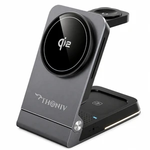 THONIV- Qi2 3-in-1 Magnetic Wireless Charging Station, Foldable 15W Fast Charger for iPhone 1217 Series, Apple Watch and Wireless Earbuds, Portable Travel Dock, MagSafe Compatible, 30W Adapter