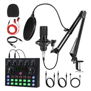 J.I.Y Podcast Equipment Bundle for 1, Studio Recording Kit with Condenser Mics, Bluetooth Sound Card, DSP Effects, Real-Time Monitoring, Plug & Play for Streaming, Singing, Gaming, Online Class (1)