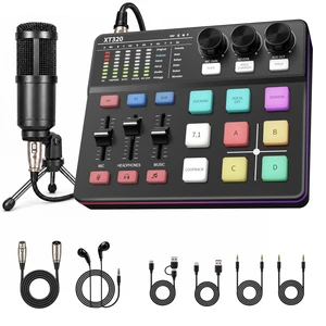 AROWKE XT320 Audio Mixer with Microphone, Podcast Equipment Bundle,48V Phantom Power, 6 Sound Modes, Voice Changer and LED Controls for PC and Phone Streaming AROWKE XT320 Audio Mixer with Microphone, Podcast Equipment Bundle,48V Phantom Power, 6 Sound Modes, Voice Changer and LED Controls for PC and Phone Streaming