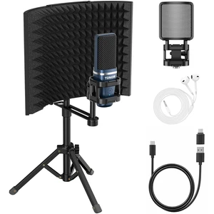 TONOR Studio Recording Microphone with Isolation Shield Set for Podcast | Acoustic Foam Shield Bundle with Pop Filter & Tripod Stand & Earphone, Condenser PC Mic for Laptop, Smartphone, Home Studio