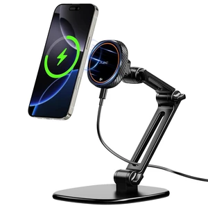 APPS2Car Qi2 15W Wireless Charger Stand Adjustable Phone Holder for Desk | 17 N52 Magnets, Built-In Cooling Fan, Height-Adjustable Foldable Arm, 360° Rotation, Weighted Anti-Slip Metal Base