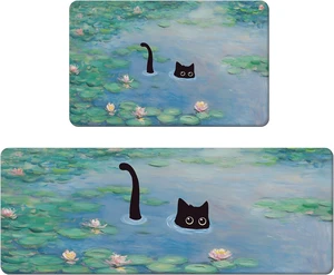 Non-Slip Rubber Backed Polyester Floor Mat with Black Cat Lotus Pond Design for Home Decor, Boho Modern Cat Kitchen Rug Set Non-Slip Rubber Backed Polyester Floor Mat with Black Cat Lotus Pond Design for Home Decor, Boho Modern Cat Kitchen Rug Set