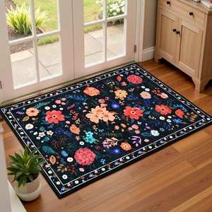 Non-Slip Stain Resistant Vintage Carpet for Entryway Bedroom Kitchen Bathroom Laundry, Soft Low Pile Cute Small Rugs, Black Boho Washable Kitchen Throw Rugs, Floral Entryway Rug Non-Slip Stain Resistant Vintage Carpet for Entryway Bedroom Kitchen Bathroom Laundry, Soft Low Pile Cute Small Rugs, Black Boho Washable Kitchen Throw Rugs, Floral Entryway Rug