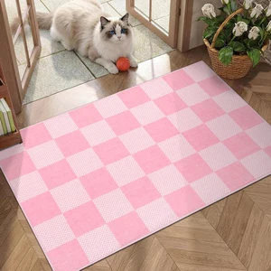 Pink Plaid Washable Girls Rug Low-Pile Small Door Mat Pink Plaid Washable Girls Rug Low-Pile Small Door Mat