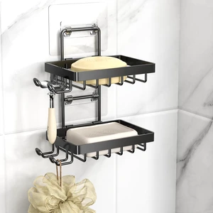 Wall Mounted Bathroom Organizer for Shower, Stainless Steel Double Soap Dish with Hooks and Razor Slot Wall Mounted Bathroom Organizer for Shower, Stainless Steel Double Soap Dish with Hooks and Razor Slot