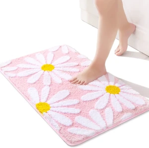 Super Absorbent Machine Washable Shower Floor Carpet, Non-Slip Microfiber Bath Mat with White and Yellow Flower Decor, Cute Daisy Pink Bathroom Rug Super Absorbent Machine Washable Shower Floor Carpet, Non-Slip Microfiber Bath Mat with White and Yellow Flower Decor, Cute Daisy Pink Bathroom Rug