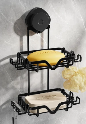 Stainless Steel Construction, Double Tier Soap Holder with Suction Mount and Razor Organizer Stainless Steel Construction, Double Tier Soap Holder with Suction Mount and Razor Organizer