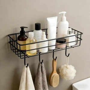 No-Drill Installation for Home Storage, Fast-Drain Shelf, Rust-Resistant Bathroom Organizer with 4 Hooks, Adhesive Wall Shower Caddy No-Drill Installation for Home Storage, Fast-Drain Shelf, Rust-Resistant Bathroom Organizer with 4 Hooks, Adhesive Wall Shower Caddy
