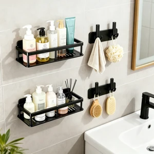 Wall-Mounted Bathroom & Kitchen Storage Organizer, No-Drill Adhesive Corner Shower Shelves with Hooks Wall-Mounted Bathroom & Kitchen Storage Organizer, No-Drill Adhesive Corner Shower Shelves with Hooks