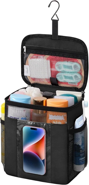 Hanging Mesh Bathroom Organizer with PVC Phone Holder Hanging Mesh Bathroom Organizer with PVC Phone Holder