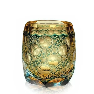 Edo Kiriko Crystal Whiskey Glass Hand Cut Green Amber Daisy Old Fashioned 9.8oz Edo Kiriko Crystal Whiskey Glass Hand Cut Green Amber Daisy Old Fashioned 9.8oz