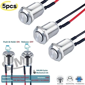 5Pcs 12mm 1/2" Momentary Push Button Switch Waterproof Stainless Steel 12V NO 5Pcs 12mm 1/2" Momentary Push Button Switch Waterproof Stainless Steel 12V NO