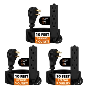 Flat Plug Extension Cord 10 FT Black 3 Outlet 3 Prong Grounded Indoor Extension Cord Low Profile Wall Hugger Angled Plug 16/3 Heavy Duty Power Cord 13A 125V for Office Dorm (3 Pack) Flat Plug Extension Cord 10 FT Black 3 Outlet 3 Prong Grounded Indoor Extension Cord Low Profile Wall Hugger Angled Plug 16/3 Heavy Duty Power Cord 13A 125V for Office Dorm (3 Pack)