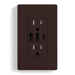 USB Outlets Receptacles, 3-Port Wall Outlet, 30W 6.0A Electrical Outlet, 15 Amp Tamper-Resistant Outlet with Type C Ports, UL Listed, Wall Plate Included, 1 Pack, Matte Brown USB Outlets Receptacles, 3-Port Wall Outlet, 30W 6.0A Electrical Outlet, 15 Amp Tamper-Resistant Outlet with Type C Ports, UL Listed, Wall Plate Included, 1 Pack, Matte Brown